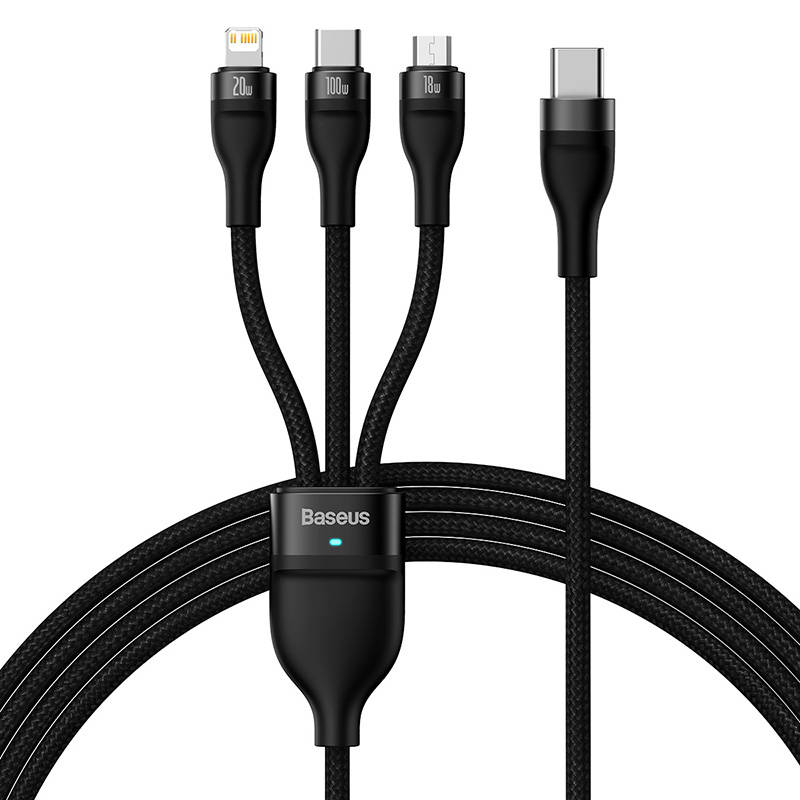 BASEUS Кабел 3 в 1, Type-C към Lightning+USB Type-C+Micro USB, 1.5м, 100W, 5A, Flash Series II, CASS030201 /черен/