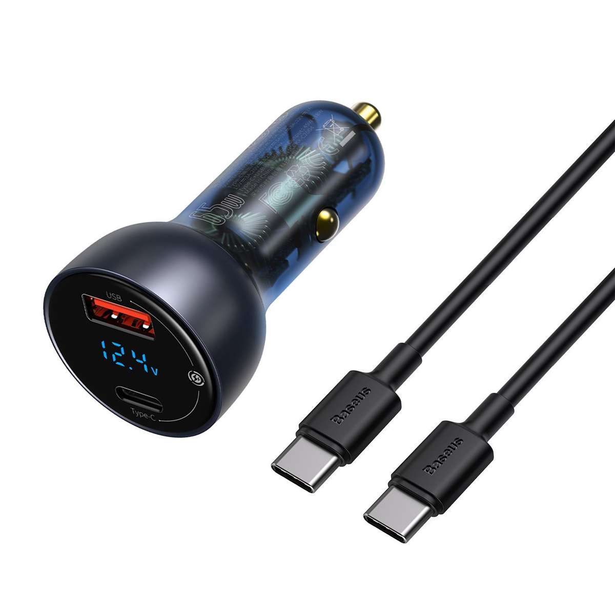 BASEUS 12V 65W, USB-A + USB-C, кабел C-C, Particular Digital Display, черен - TZCCKX-0G