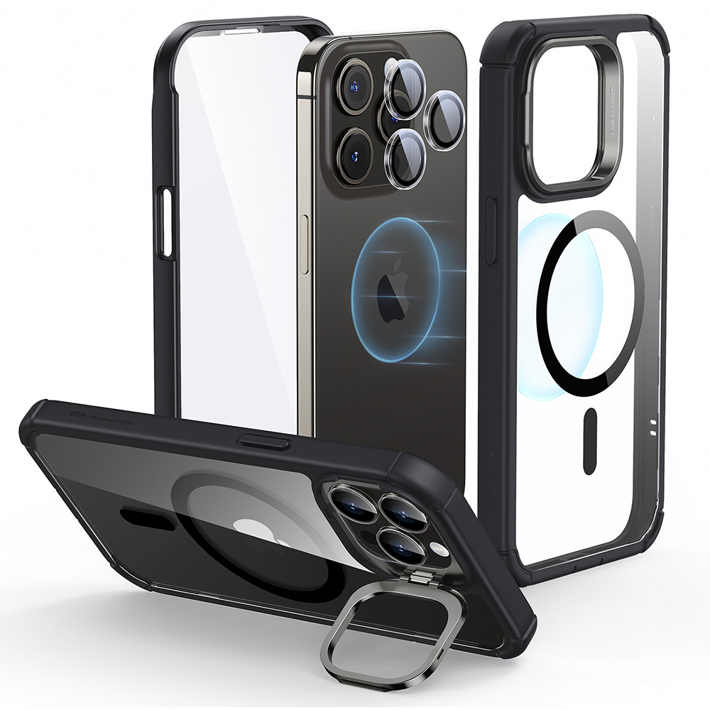 ESR Калъф Armor Tough със стойка 360, iPhone 15 Pro Max, MagSafe /прозрачно + черно/
