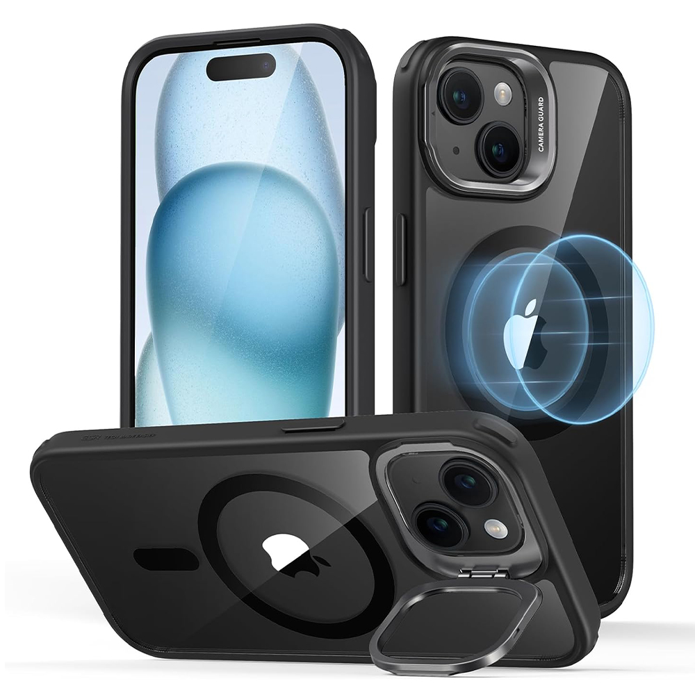ESR Калъф Classic Hybrid със стойка iPhone 15, MagSafe /прозрачно + черно/