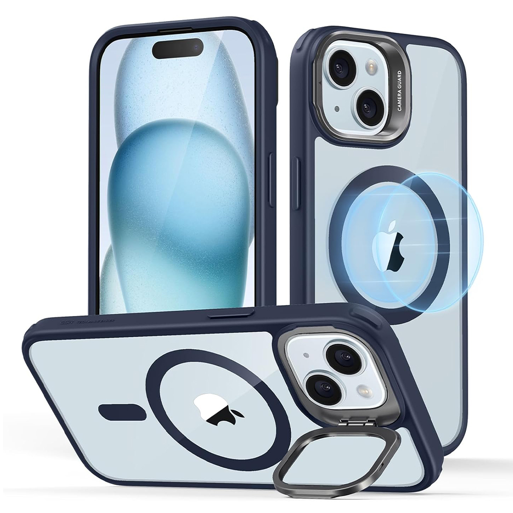 ESR Калъф Classic Hybrid със стойка iPhone 15, MagSafe /прозрачно + тъмно синьо/