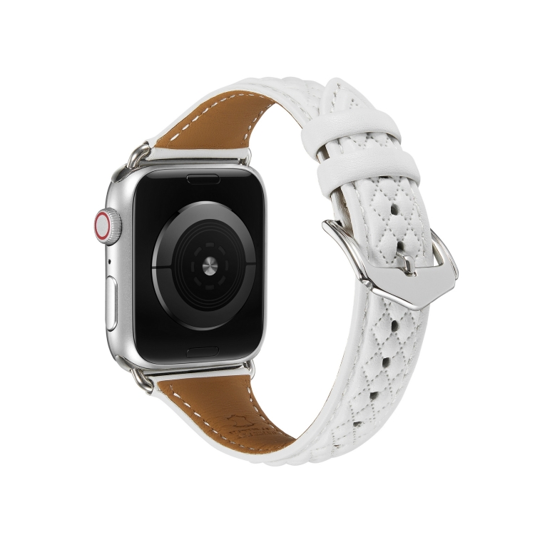 Каишка за Apple Watch 42/44/45/49мм, Leather Rhombic Pattern Strap /бяла/
