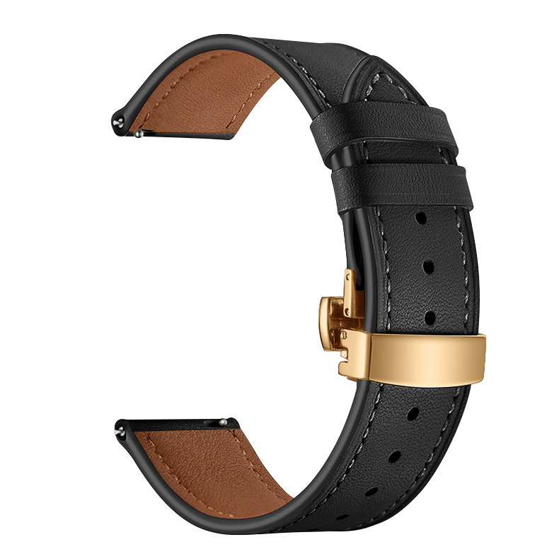 Leather Classic Buckle Strap for Apple Watch, 42/44/45/49mm /Black + Gold Buckle/
