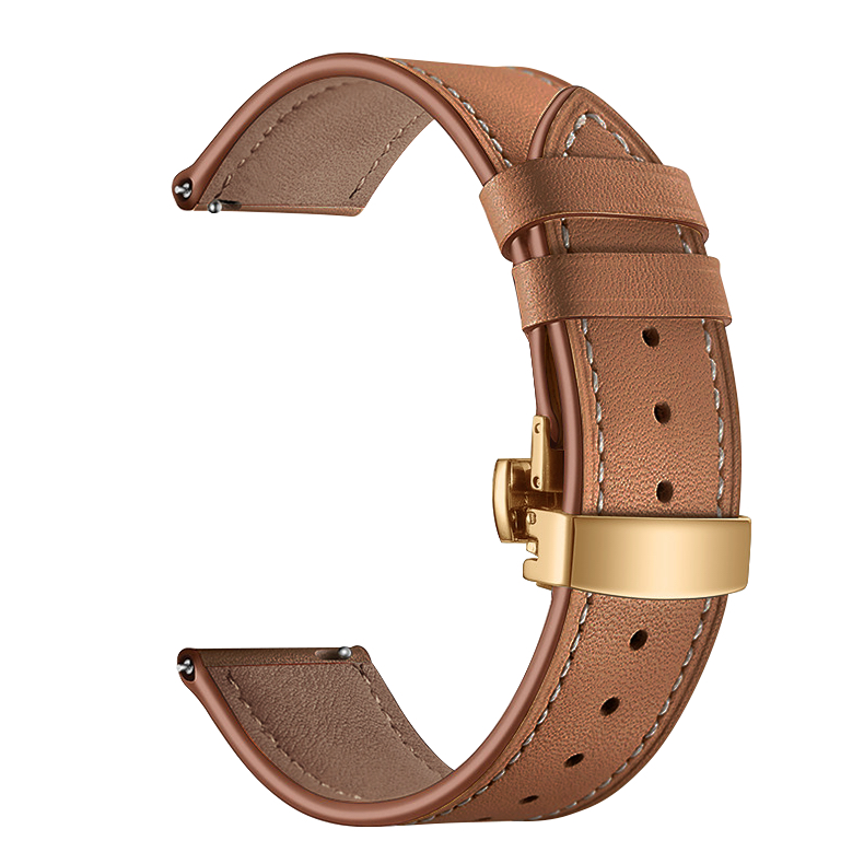 Кожена каишка Leather Classic Buckle Strap за Smart Watch, 22мм /карамел + златна катарама/