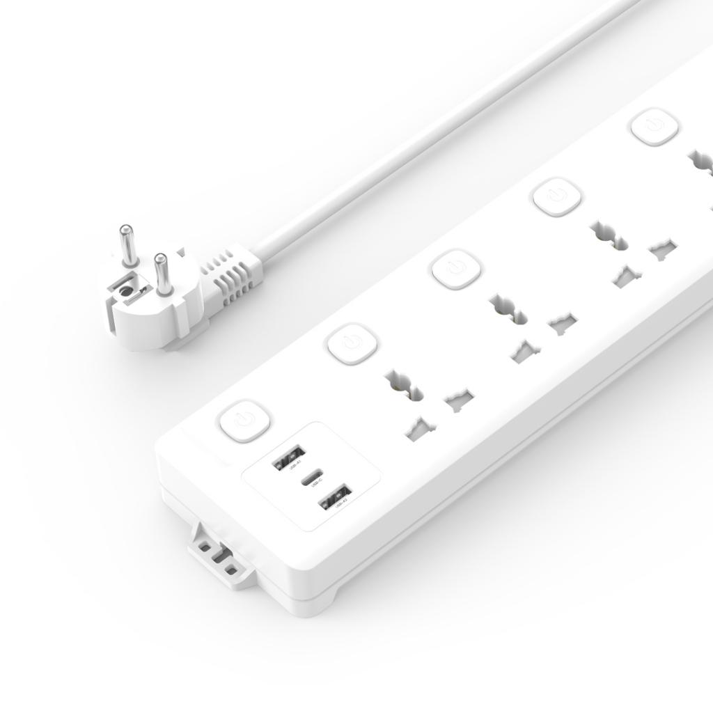 Разклонител XO 2500W, 5 x AC Sockets + 2 x USB-A + USB-C с независими Power бутони, WL19 /бял/