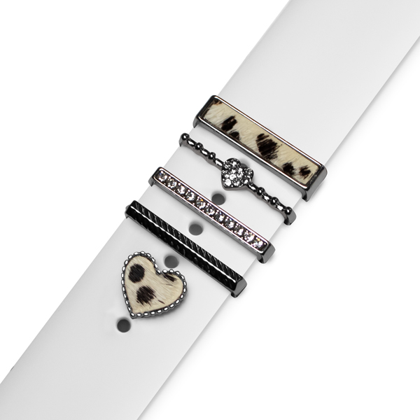 Аксесоар за каишка Strap Jewellery Ring + Charm Heart /СЕТ, бял леопард/