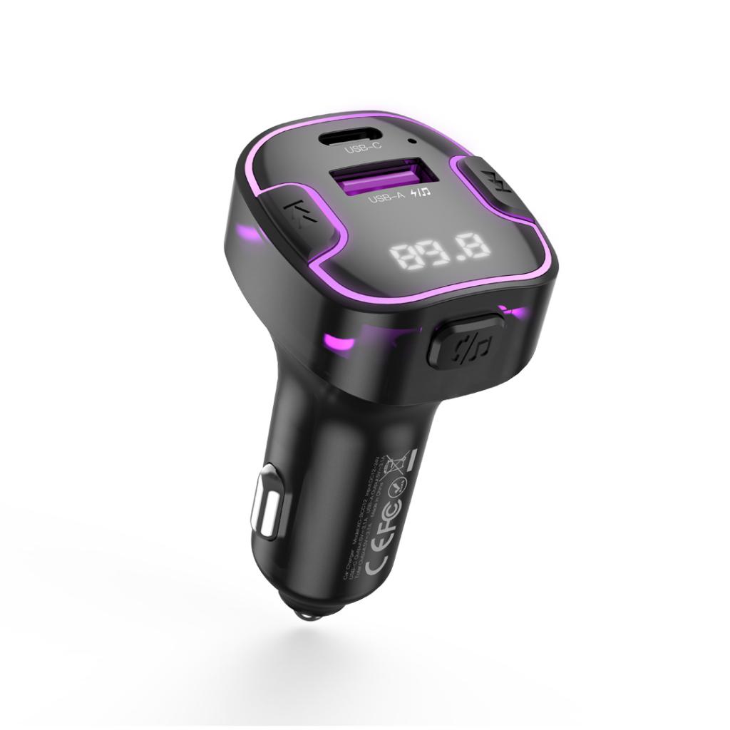 XO MP3 Wireless FM Transmitter 15.5W, QC, 3.1A, USB-A, USB-C + purple ambient light, BCC12 /черен/