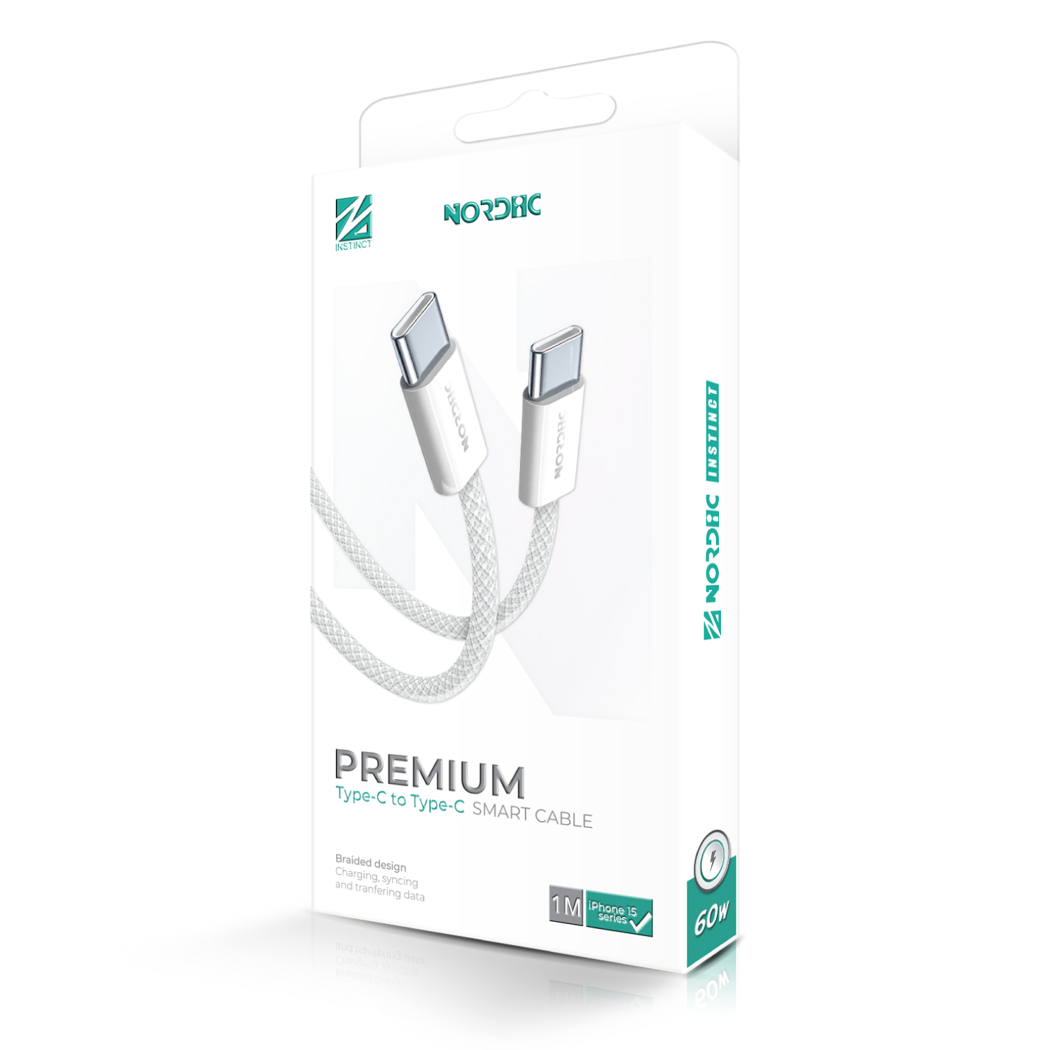 NORDIC Кабел Type-C - Type-C, 1м, 60W /бял/
