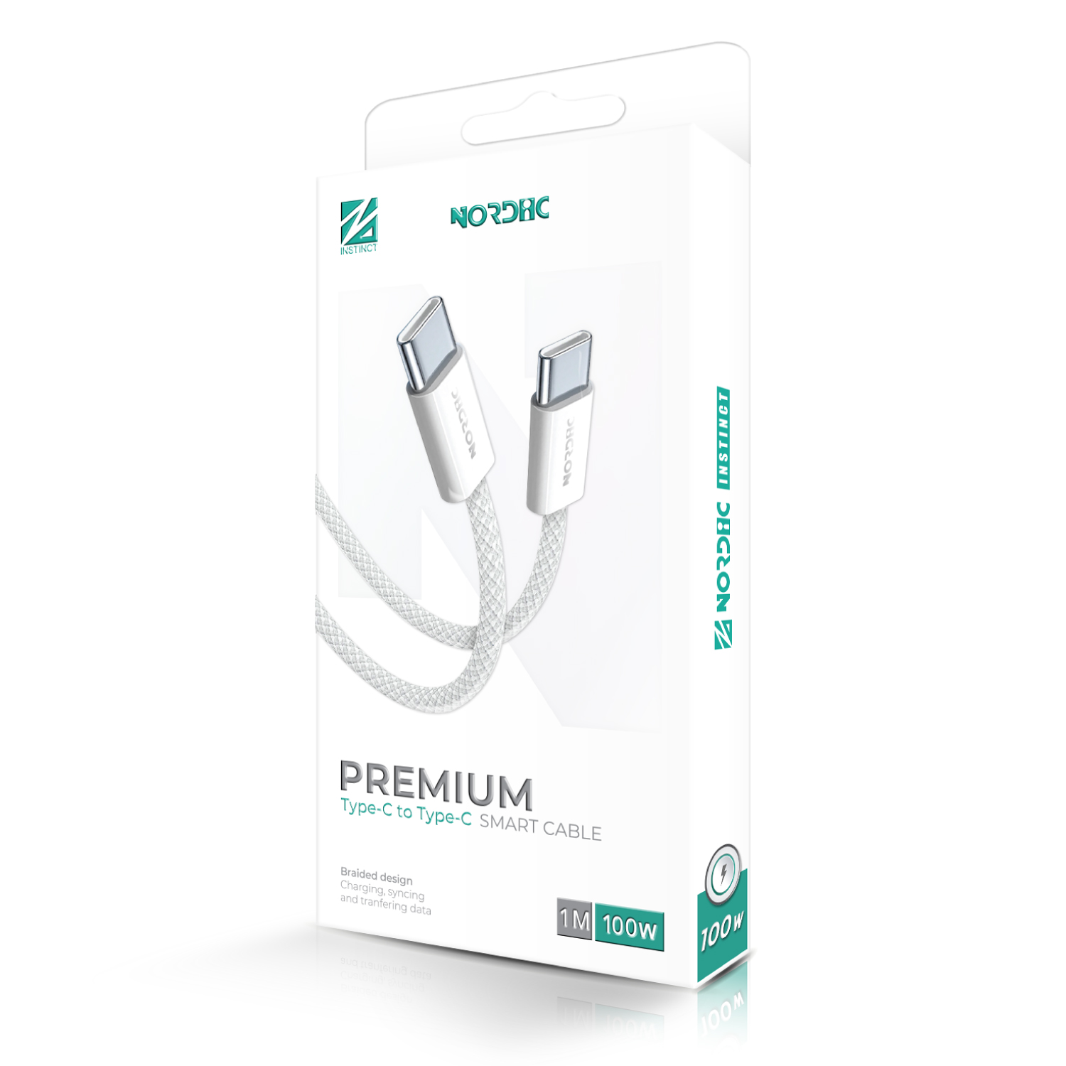 NORDIC Кабел Type-C - Type-C, 1м, 100W /бял/