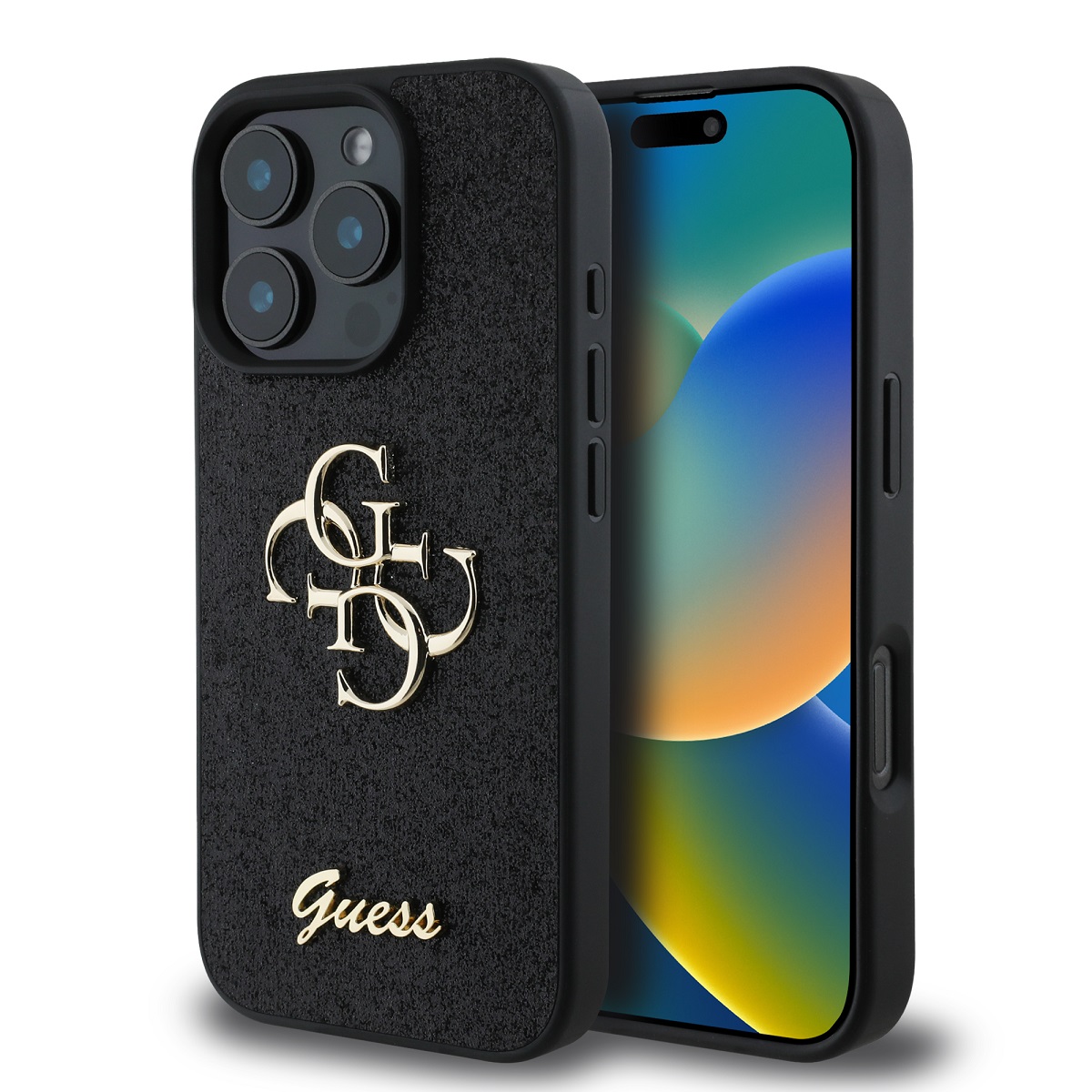 GUESS Калъф Apple iPhone 16 Pro Max, PU Fixed Glitter 4G Metal Logo, черен - GUHCP16XHG4SGK
