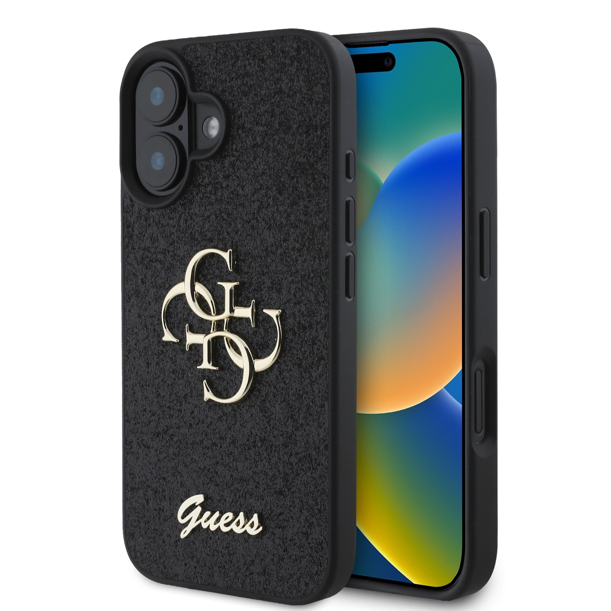 GUESS Калъф Apple iPhone 16, PU Fixed Glitter 4G Metal Logo, черен - GUHCP16SHG4SGK