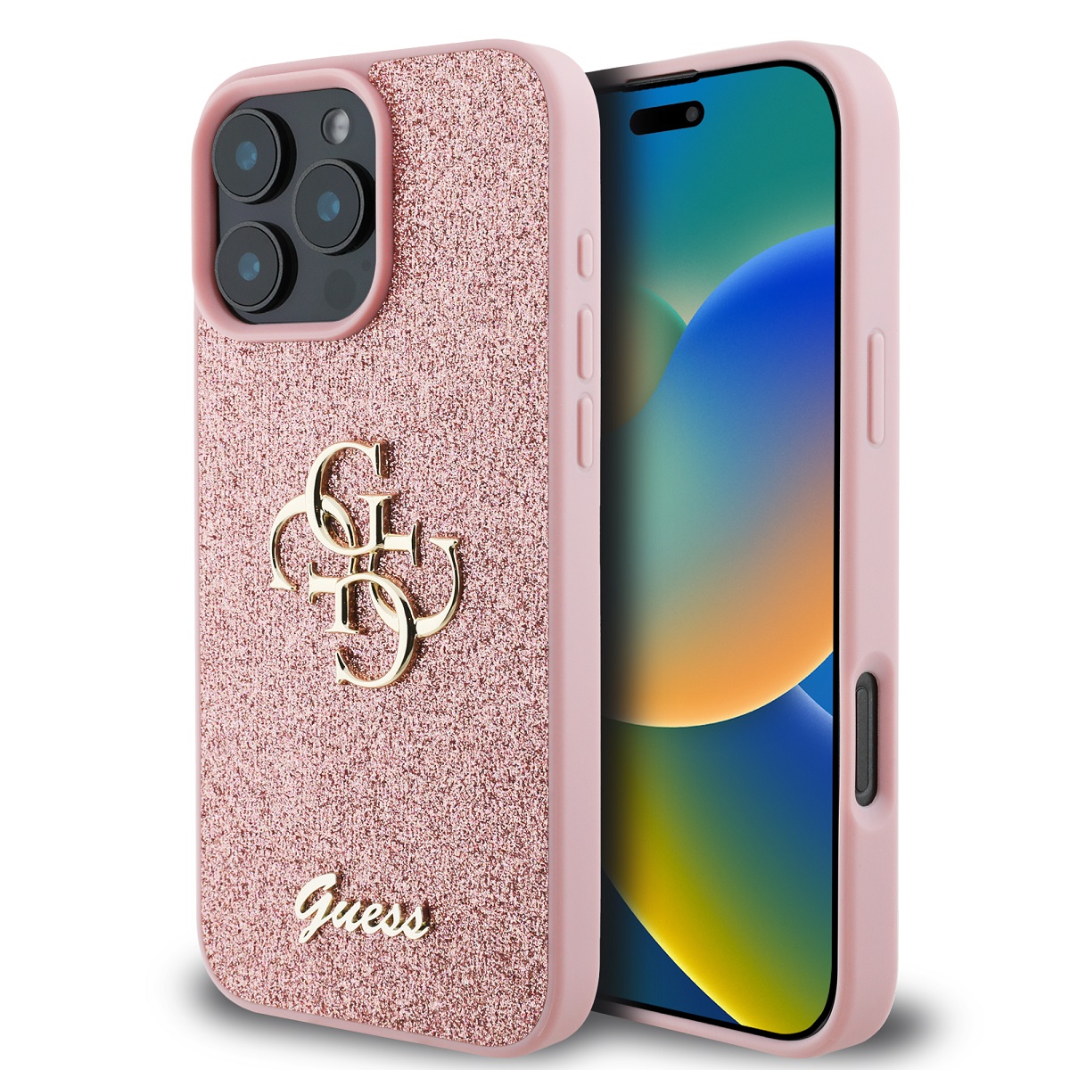 GUESS Калъф Apple iPhone 16 Pro Max, PU Fixed Glitter 4G Metal Logo, розов - GUHCP16XHG4SGP