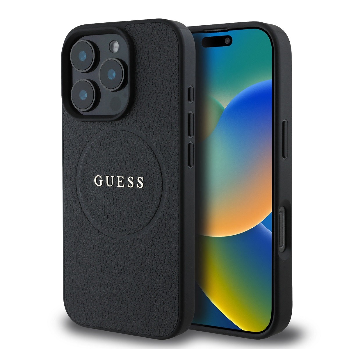 GUESS Калъф iPhone 16 Pro Max, PU Grained Classic Logo MagSafe, черен - GUHMP16XPGHSMMK
