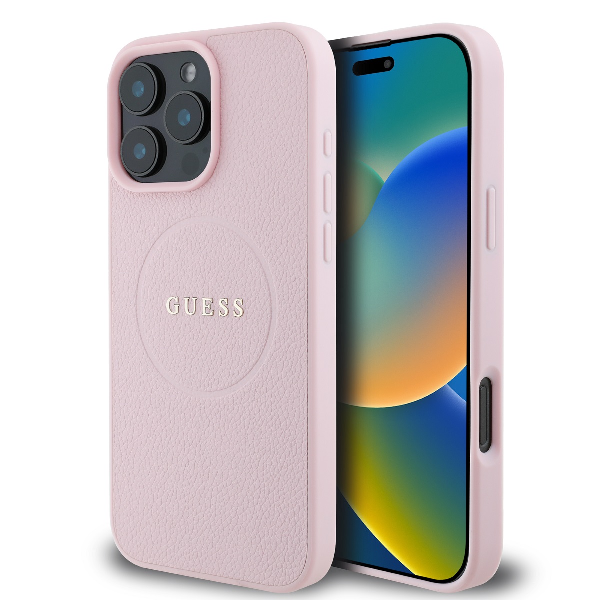 GUESS Калъф iPhone 16 Pro Max, PU Grained Classic Logo MagSafe, розов - GUHMP16XPGHSMMP