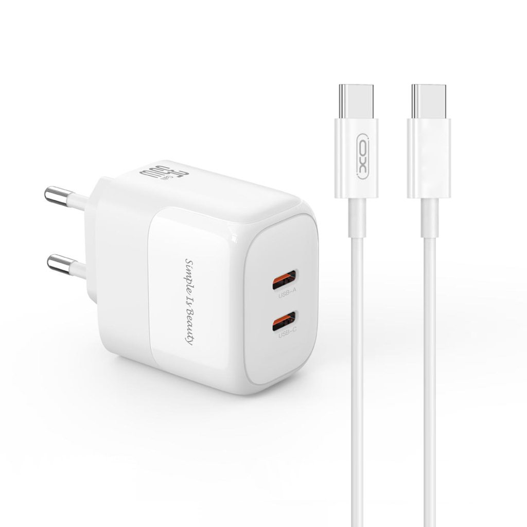 XO 220V 35W, 2xUSB-C, кабел C-C, GaN Nitride, бял - L140