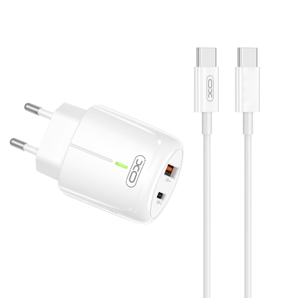 XO 220V 20W, USB-A + USB-C, кабел C-C, бял - L114