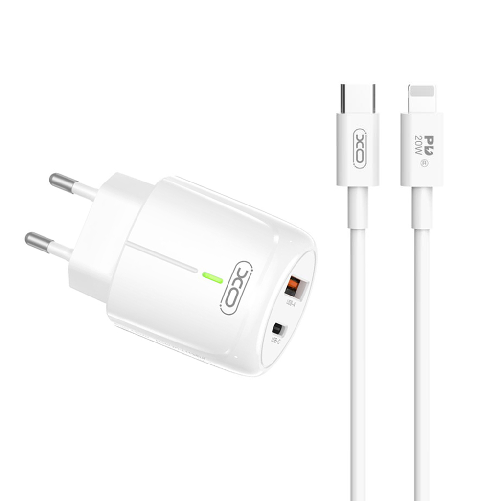 XO 220V 20W, USB-A + USB-C, кабел C-L, бял - L114