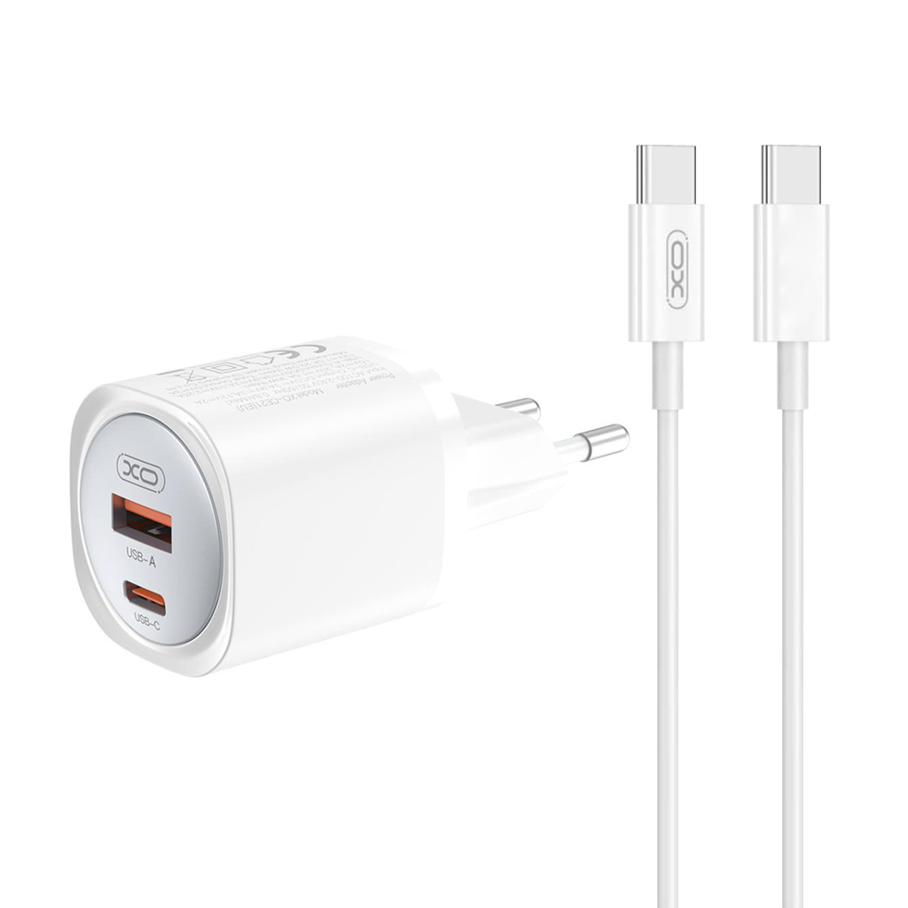 XO 220V 30W, USB-A + USB-C, кабел C-C, GaN Nitride, бял - CE21