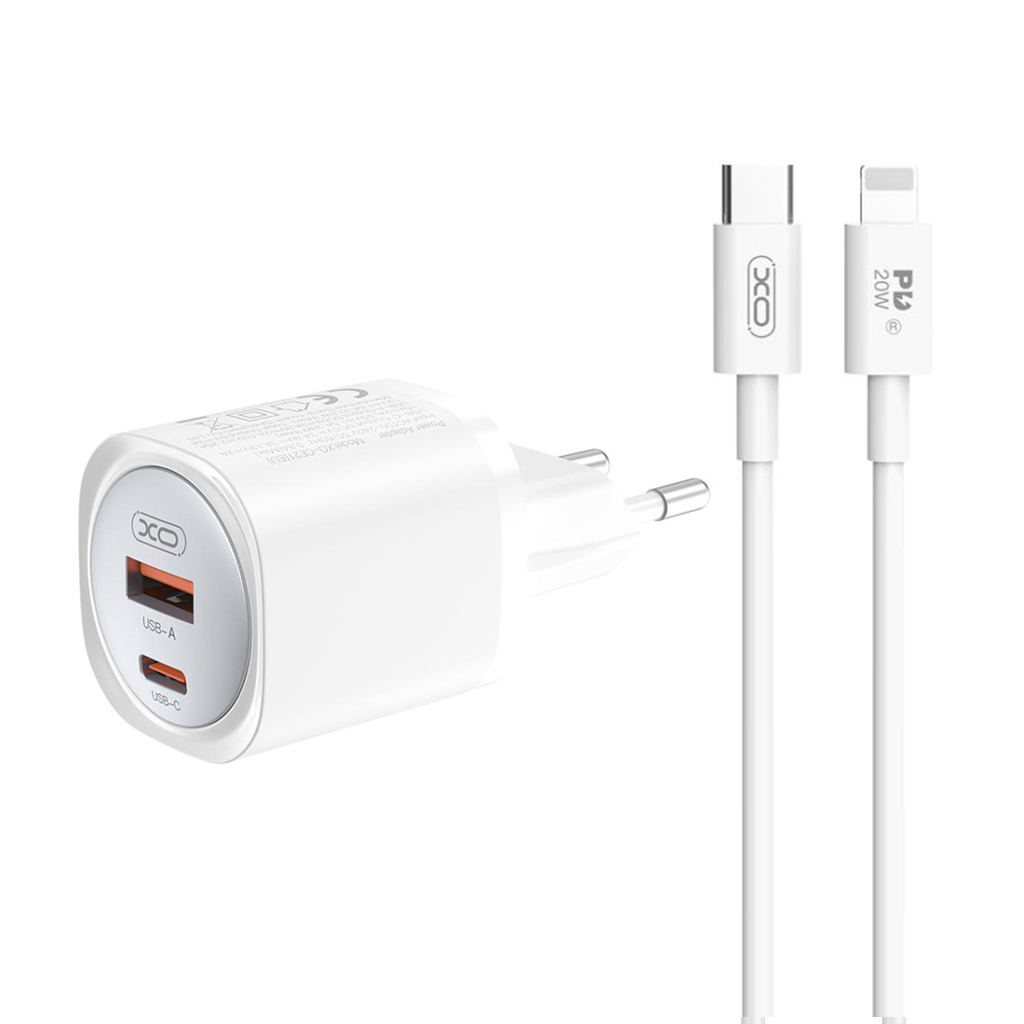 XO 220V 30W, USB-A + USB-C, кабел C-L, GaN Nitride, бял - CE21