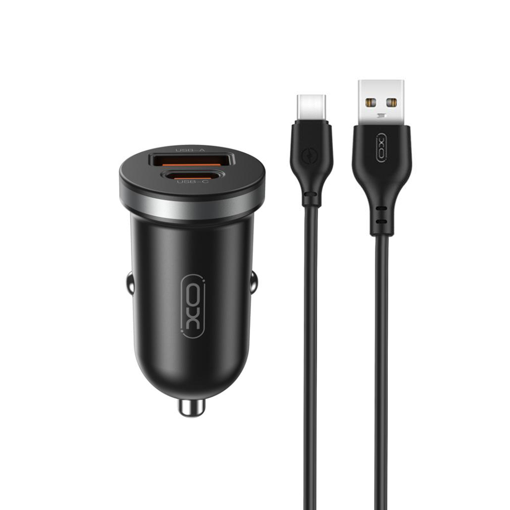 XO 12V 30W, USB-A + USB-C, кабел A-C, черен - CC56