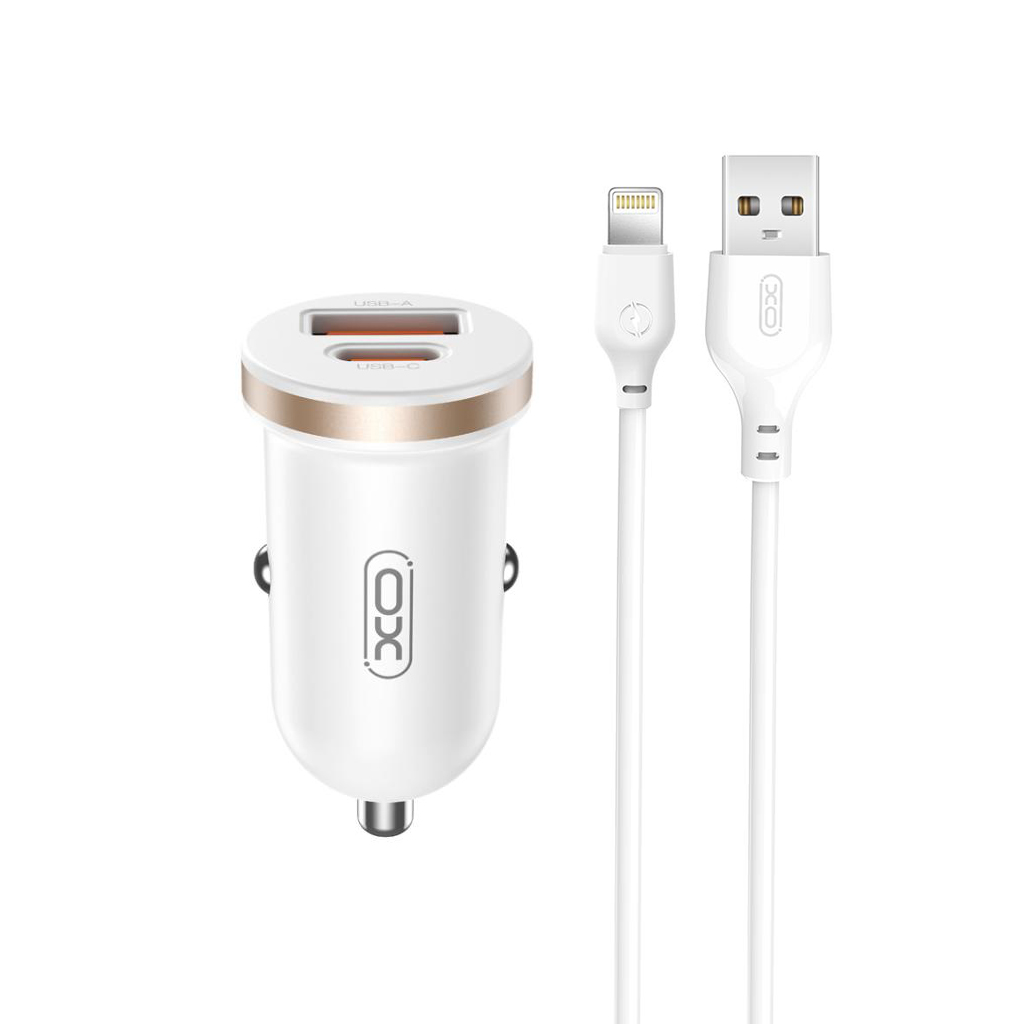 XO 12V 30W, USB-A + USB-C, кабел A-L, бяло - CC56