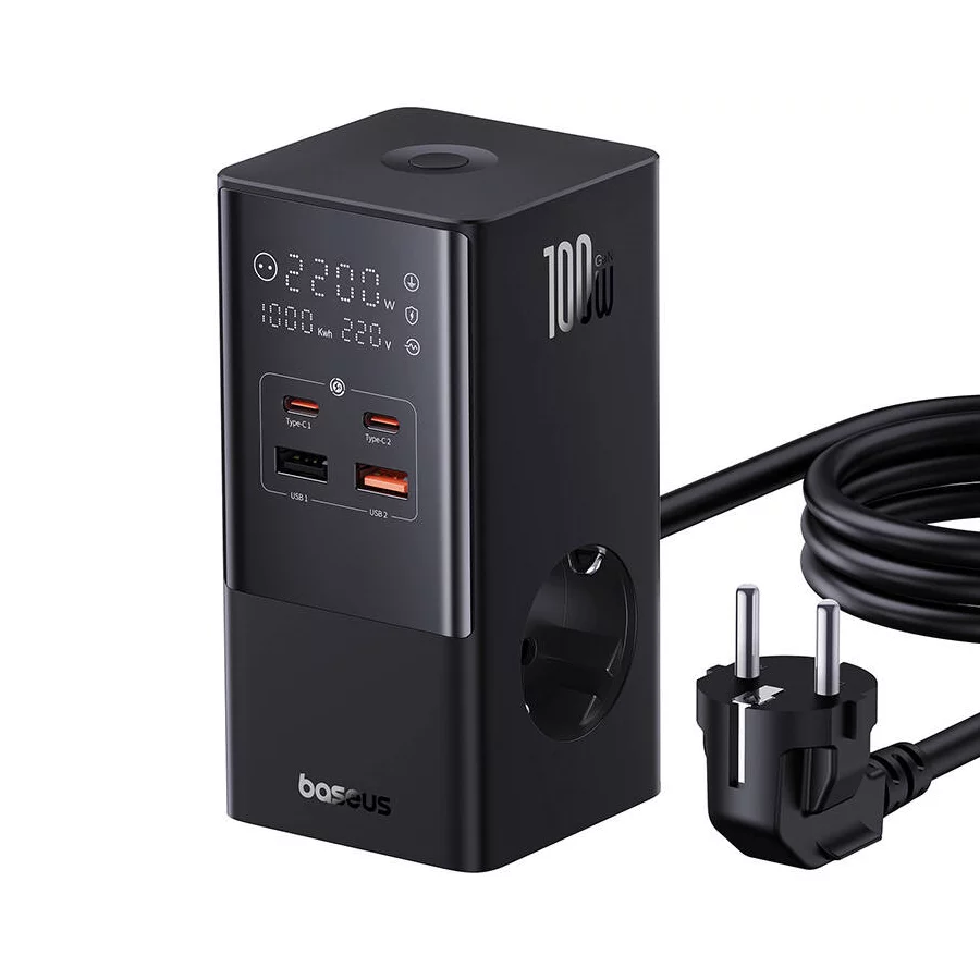 Baseus Разклонител 220V 100W, PowerCombo Tower/4000W, 2xAC Sockets + 2XUSB + 2XUSB-C(PD) /черен/