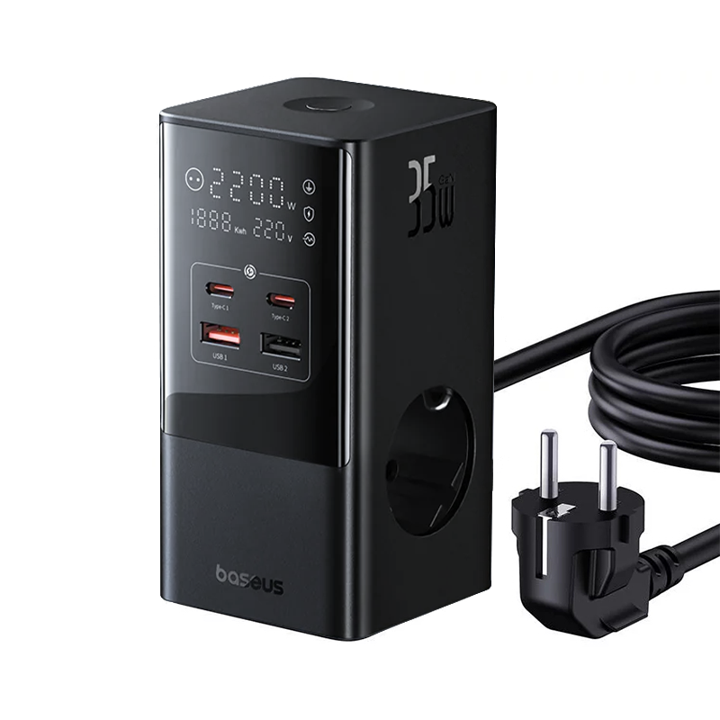 Baseus Разклонител, 220V 35W, PowerCombo Tower/4000W, 3xAC Sockets + 2XUSB + 2XUSB-C(PD) /черен/ - E00023606113-00