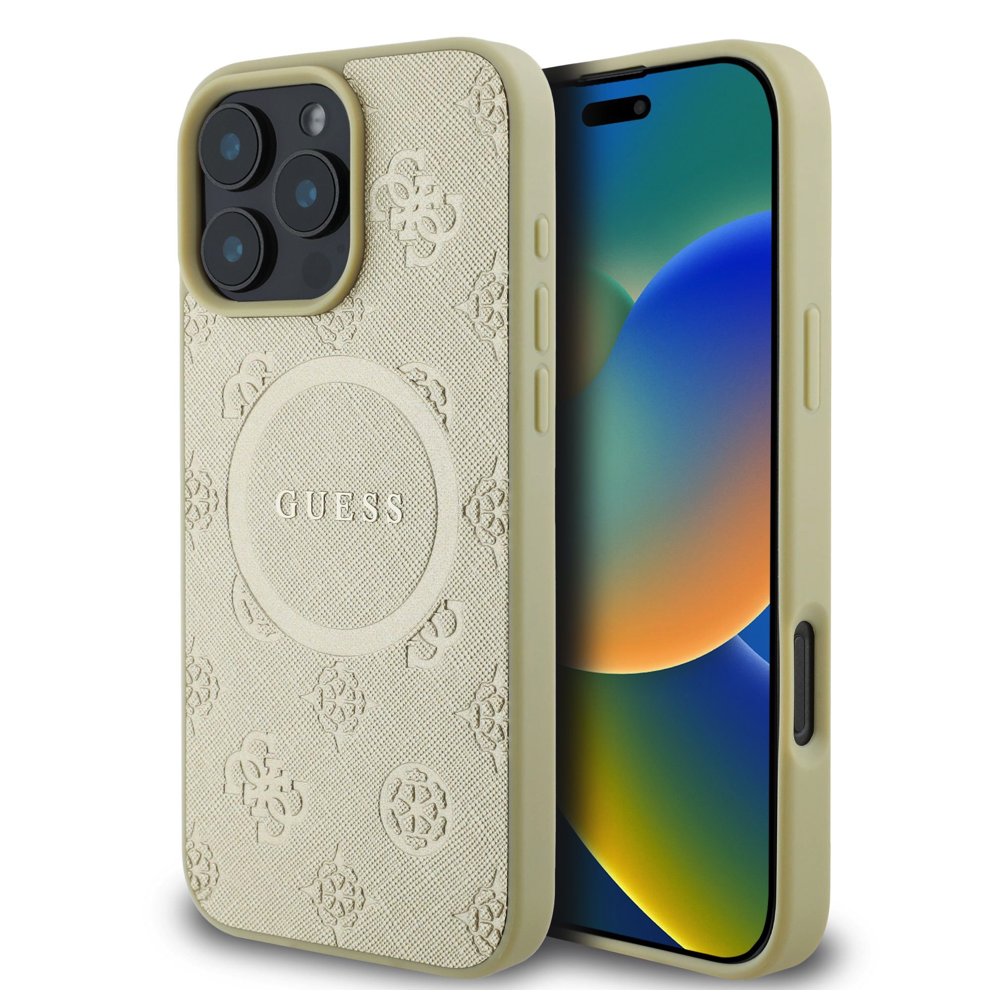 GUESS Калъф Apple iPhone 16 Pro Max, Saffiano Peony Stamp MagSafe, златен - GUHMP16XPSAPSMED