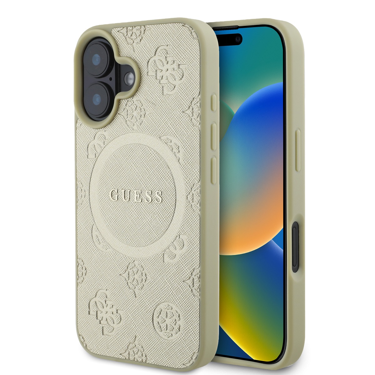 GUESS Калъф Apple iPhone 16, Saffiano Peony Stamp MagSafe, златен - GUHMP16SPSAPSMED