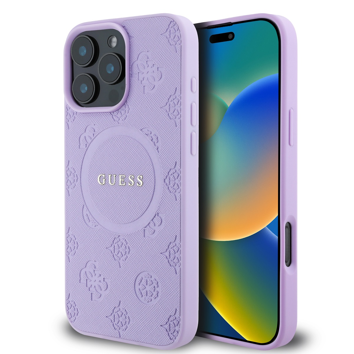 GUESS Калъф Apple iPhone 16 Pro Max, Saffiano Peony Stamp MagSafe, лилав - GUHMP16XPSAPSMEU