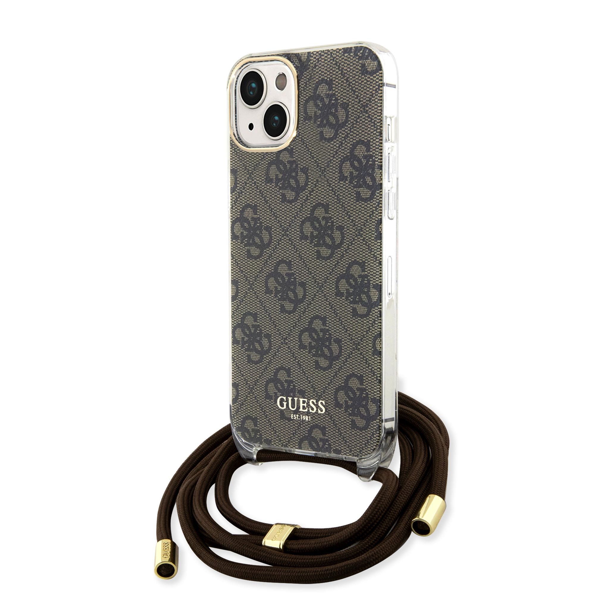 GUESS Калъф Apple iPhone 15, IML 4G Printed + Crossbody Strap, кафяв - GUHCP15SHC4SEW