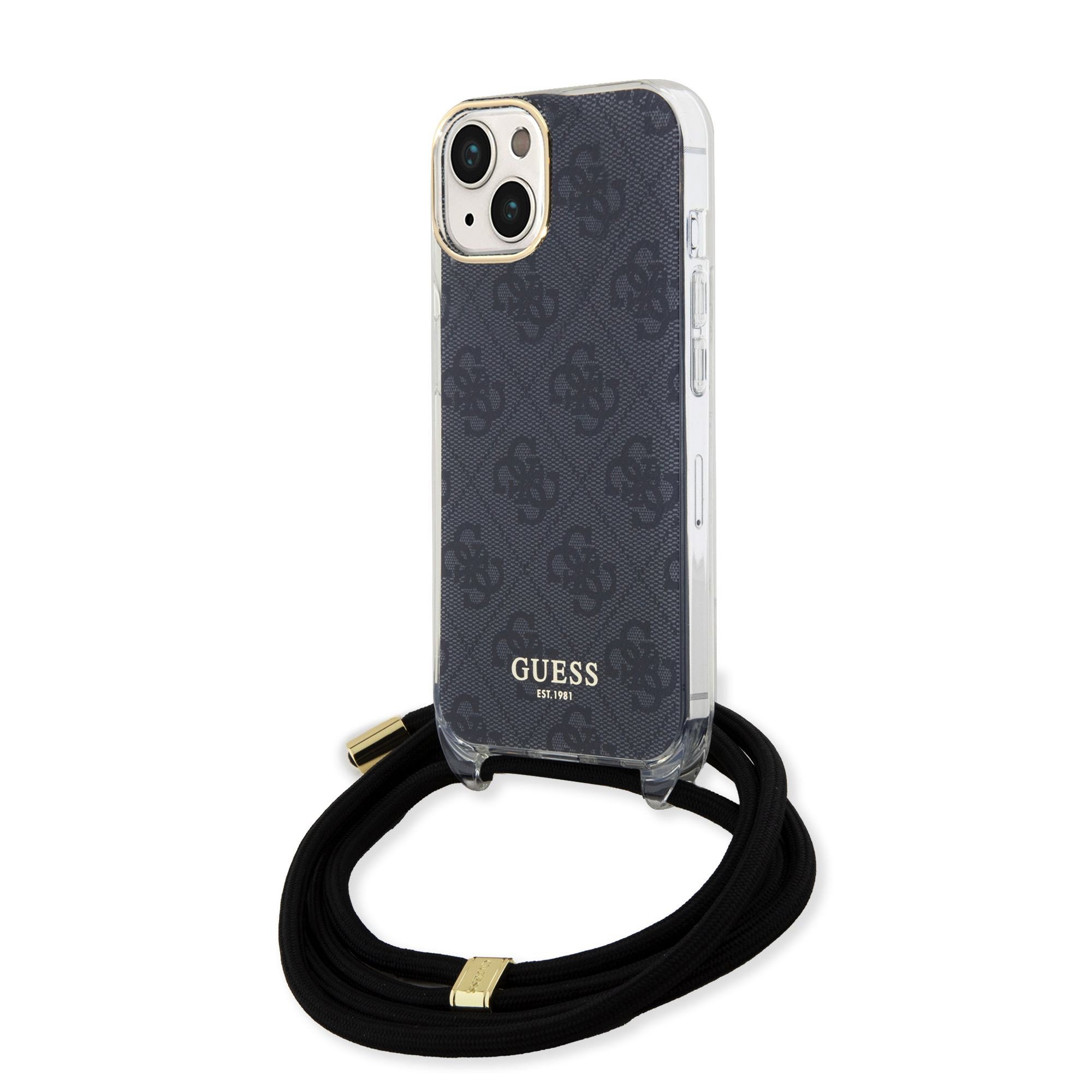 GUESS Калъф Apple iPhone 15, IML 4G Printed + Crossbody Strap, черен - GUHCP15SHC4SEK