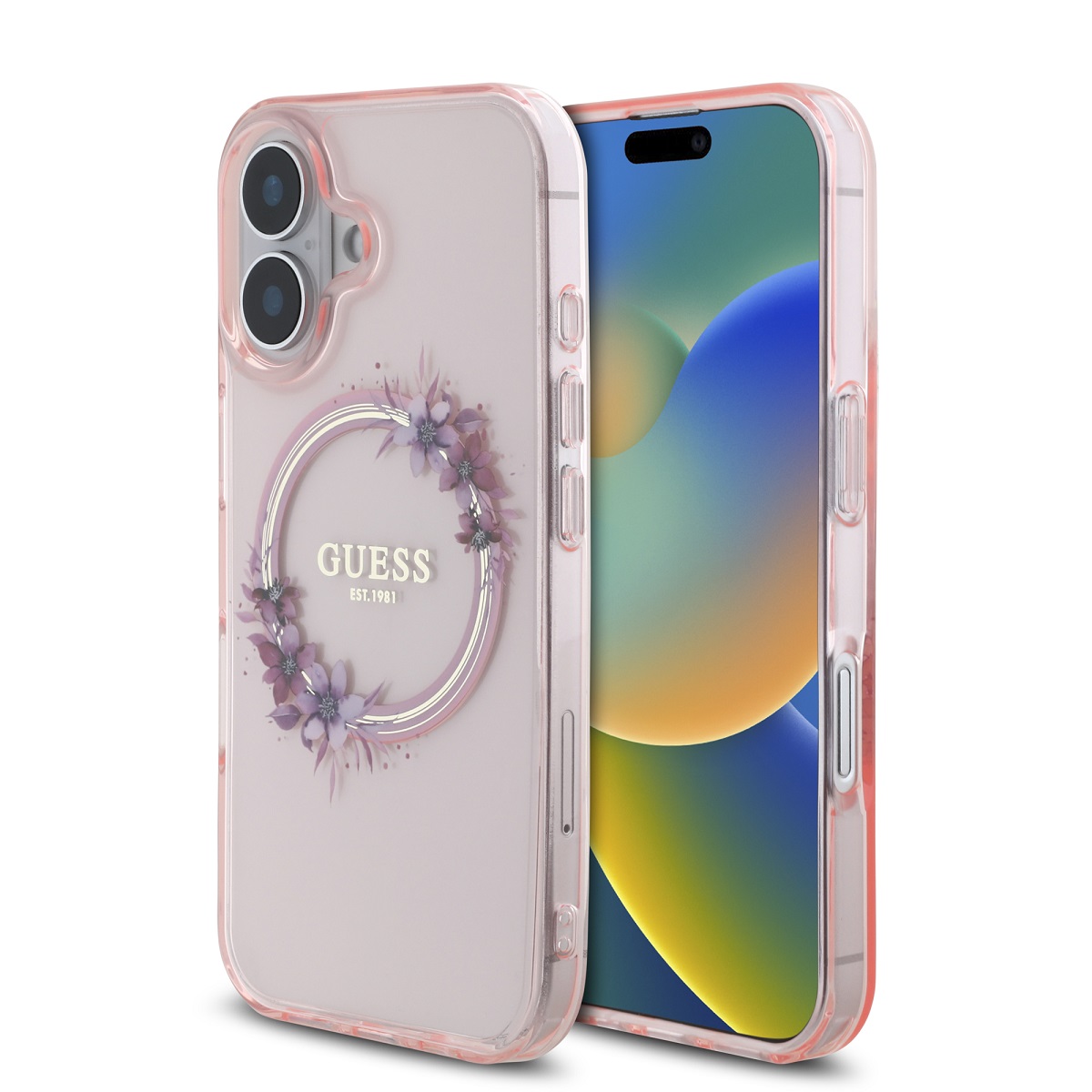 GUESS Калъф Apple iPhone 16, IML Flowers Ring MagSafe, розов - GUHMP16SHFWFCP