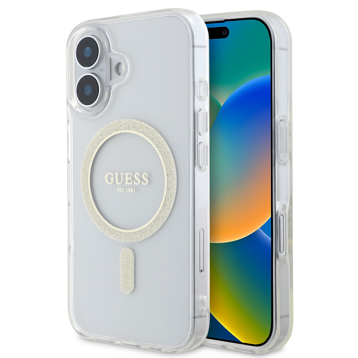 GUESS Калъф Apple iPhone 16 Plus, IML Glitter Ring MagSafe, прозрачен - GUHMP16MHFGERET