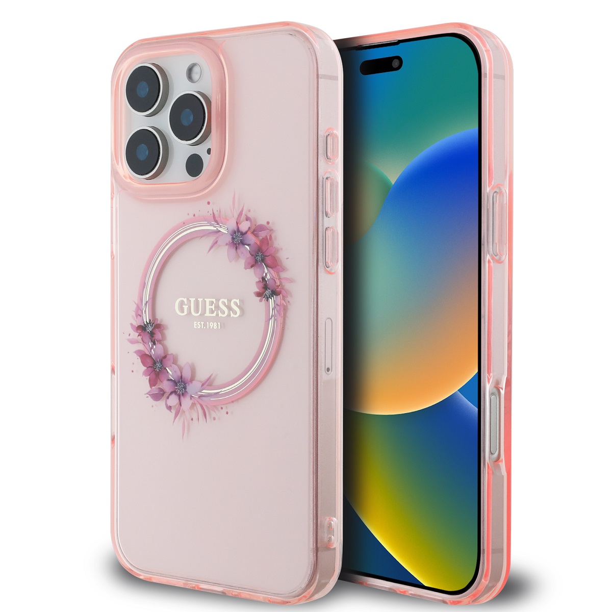 Калъф Guess GUHMP16LHFWFCP IML Flowers Ring MagSafe Apple iPhone 16 Pro Pink