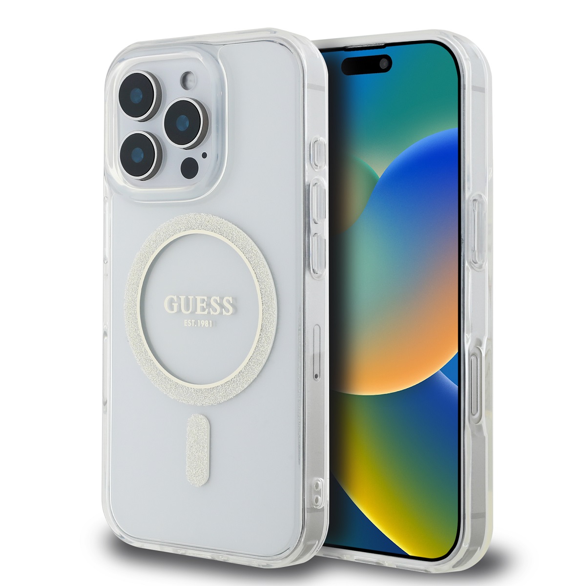 GUESS Калъф Apple iPhone 16 Pro, IML Glitter Ring MagSafe, прозрачен - GUHMP16LHFGERET