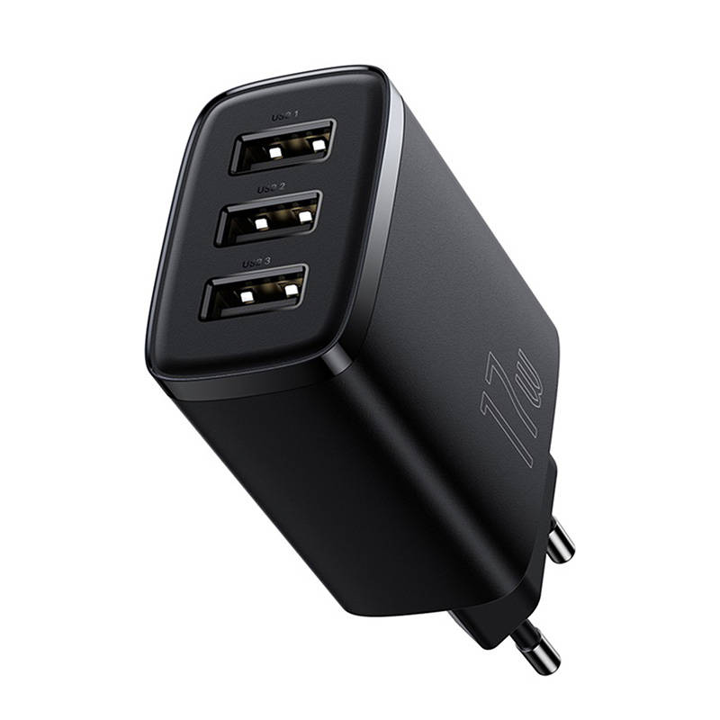BASEUS 220V 17W, 3xUSB-A, Compact Series, черен - CCXJ020101