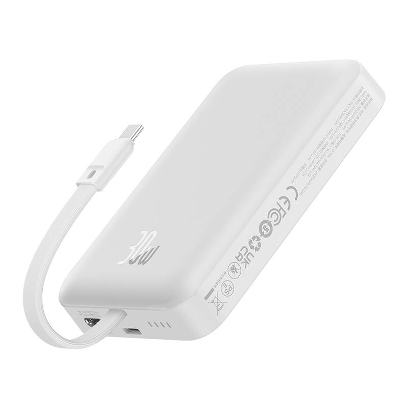 BASEUS Power Bank 10000 mAh, 30W Magnetic Mini Wireless + вграден кабел Type-C, P1002210B223-00 /бял/