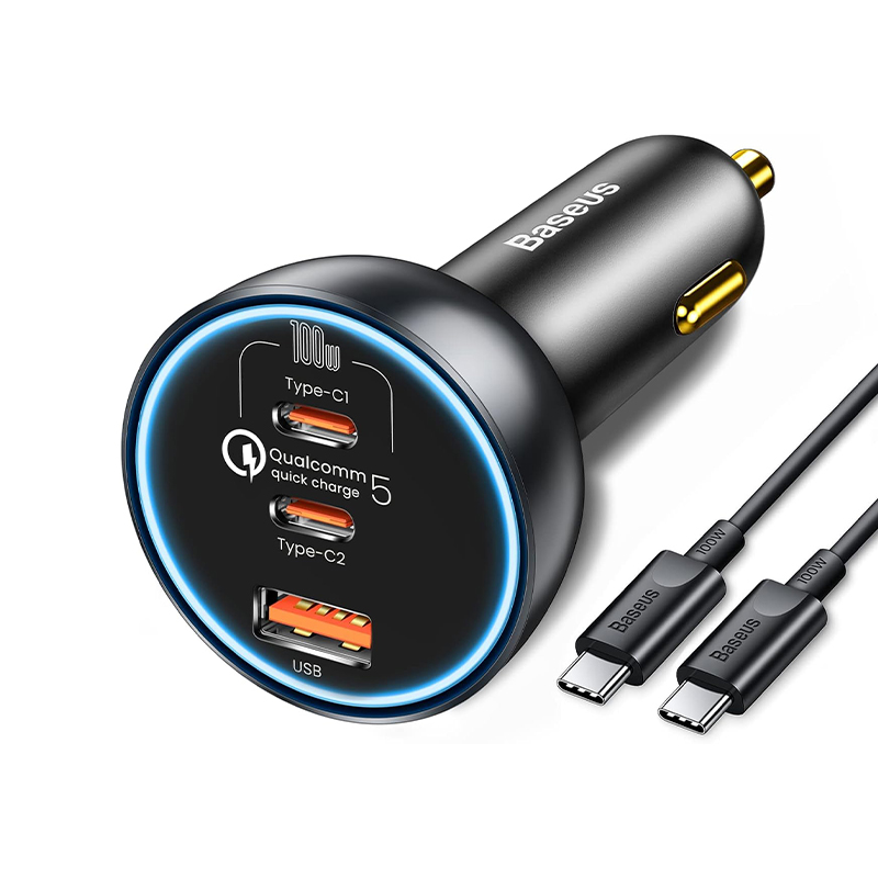 BASEUS 12V 160W, USB-A + 2xUSB-C, кабел C-C, Qualcomm QC 5.0, черен - TZCCZM-0G