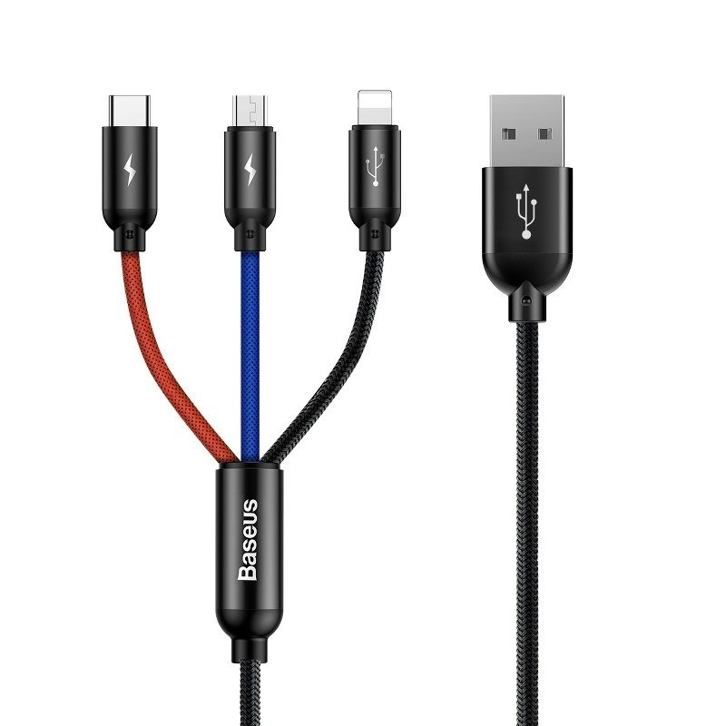 BASEUS Кабел 3 в 1, USB-A към Lightning+USB Type-C+Micro USB, 1.2м, 3.5A, Rapid Three Primary Colors, CAMLT-BSY01 /черен/