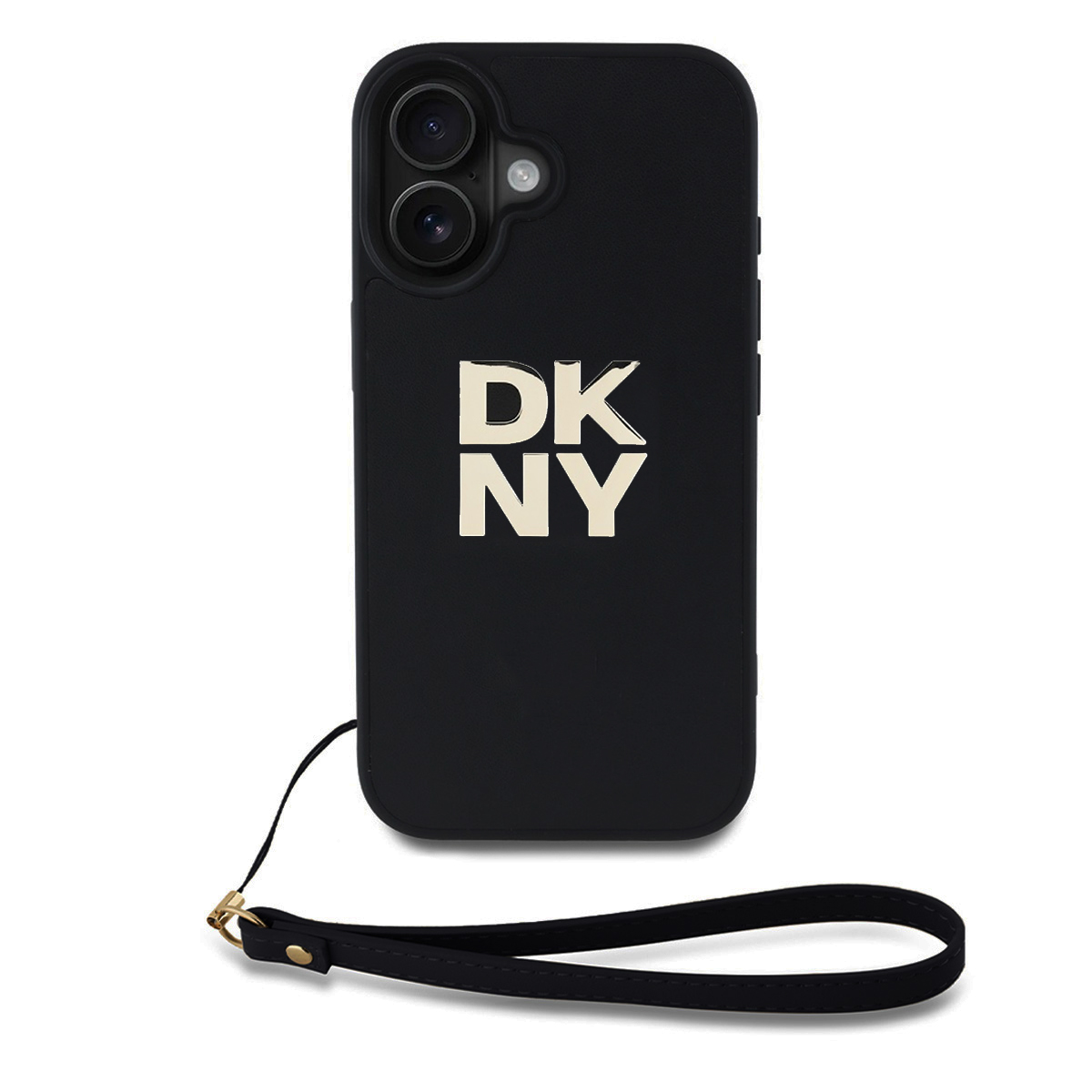 DKNY Калъф Apple iPhone 16, PU Leather Stack Logo + Wrist Strap, черен - DKHCP16SPBSWSK