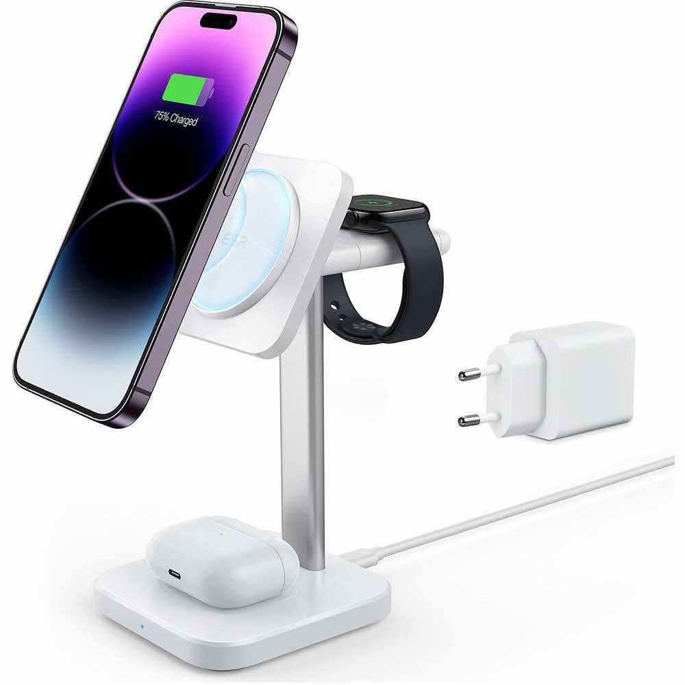 ESR Зарядно устройство Wireless HaloLock 15W, Qi2, 3in1 Phone+AirPods+Watch /бяло/