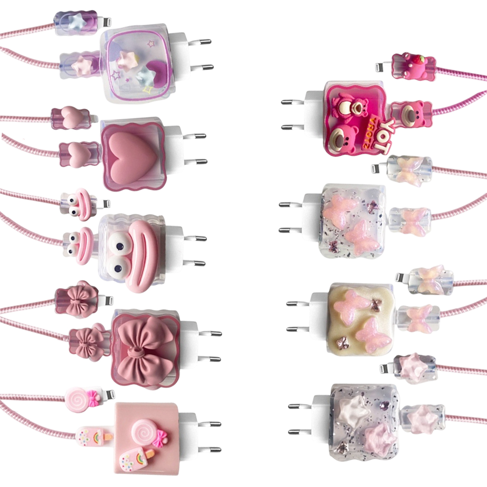 Силиконов калъф за зарядно и кабел Charger set Cuties /розов/