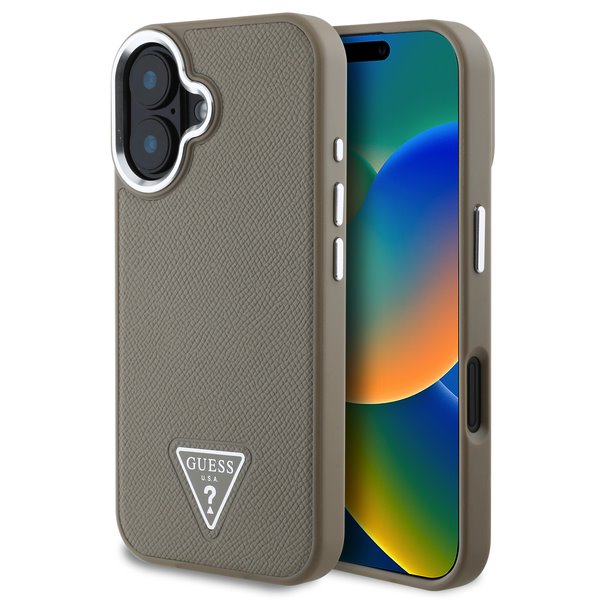 GUESS Калъф Apple iPhone 16, PU Grained Triangle Logo, кафяв - GUHMP16SPGTSPSW