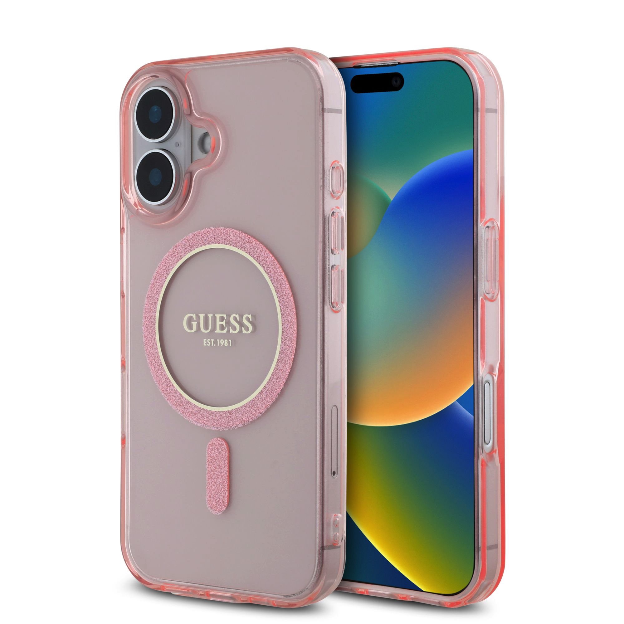 GUESS Калъф Apple iPhone 16, IML Glitter Ring MagSafe, розов - GUHMP16SHFGEREP