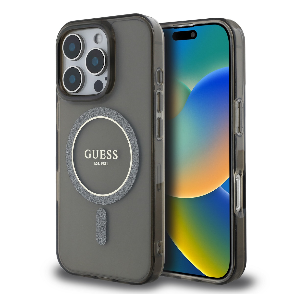 GUESS Калъф Apple iPhone 16 Pro Max, IML Glitter Ring MagSafe, черен - GUHMP16XHFGEREK