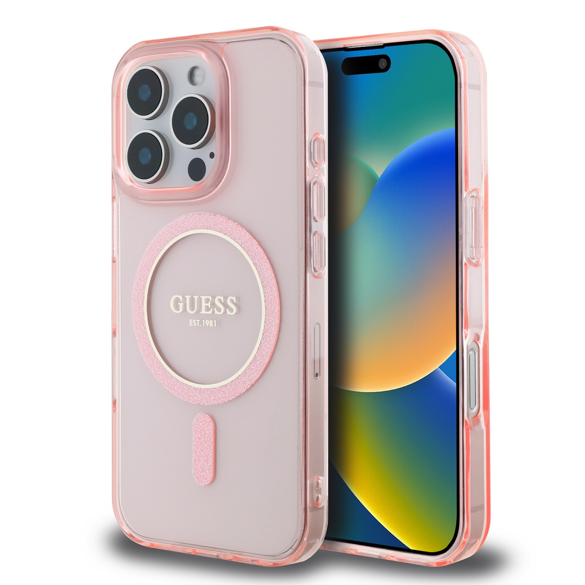 GUESS Калъф Apple iPhone 16 Pro, IML Glitter Ring MagSafe, розов - GUHMP16LHFGEREP