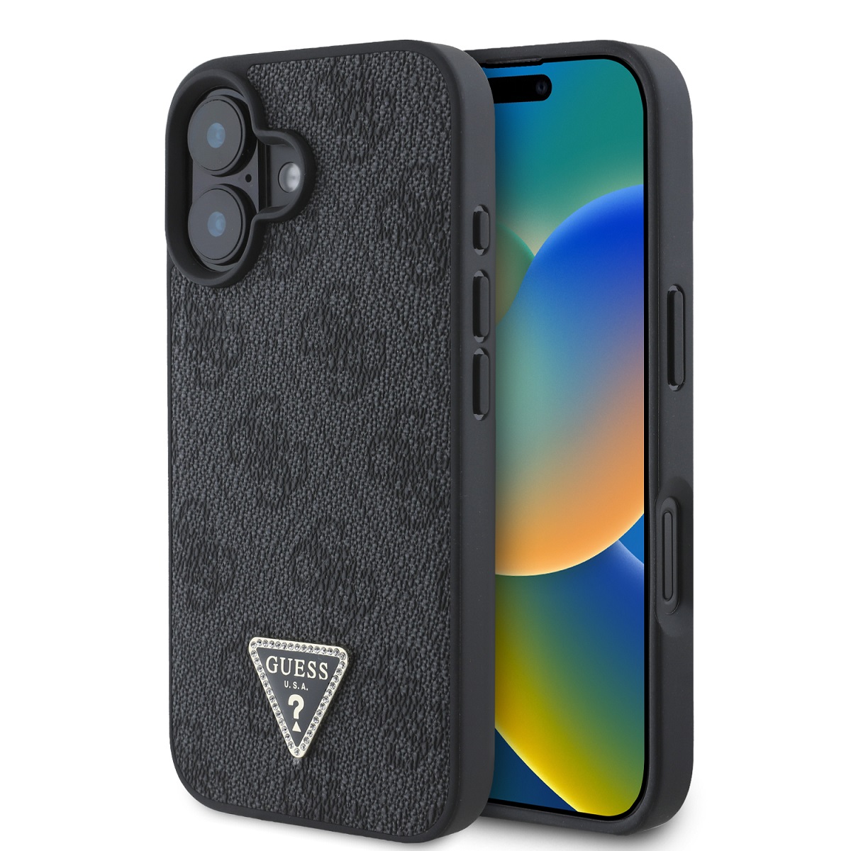 GUESS Калъф Apple iPhone 16, PU 4G Strass Triangle Metal Logo, черен - GUHCP16SP4TDPK