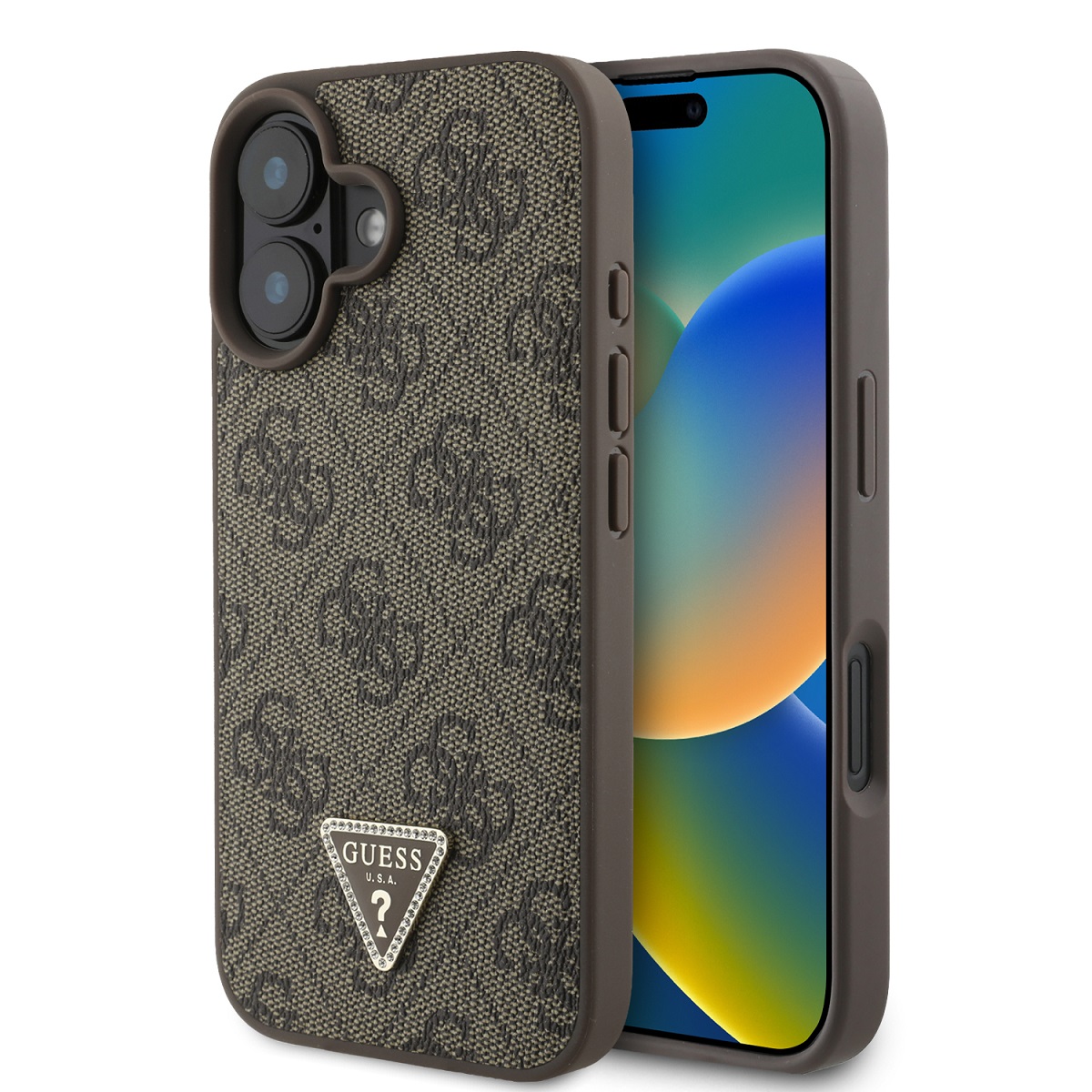 GUESS Калъф Apple iPhone 16 PU, 4G Strass Triangle Metal Logo, кафяв - GUHCP16SP4TDPW