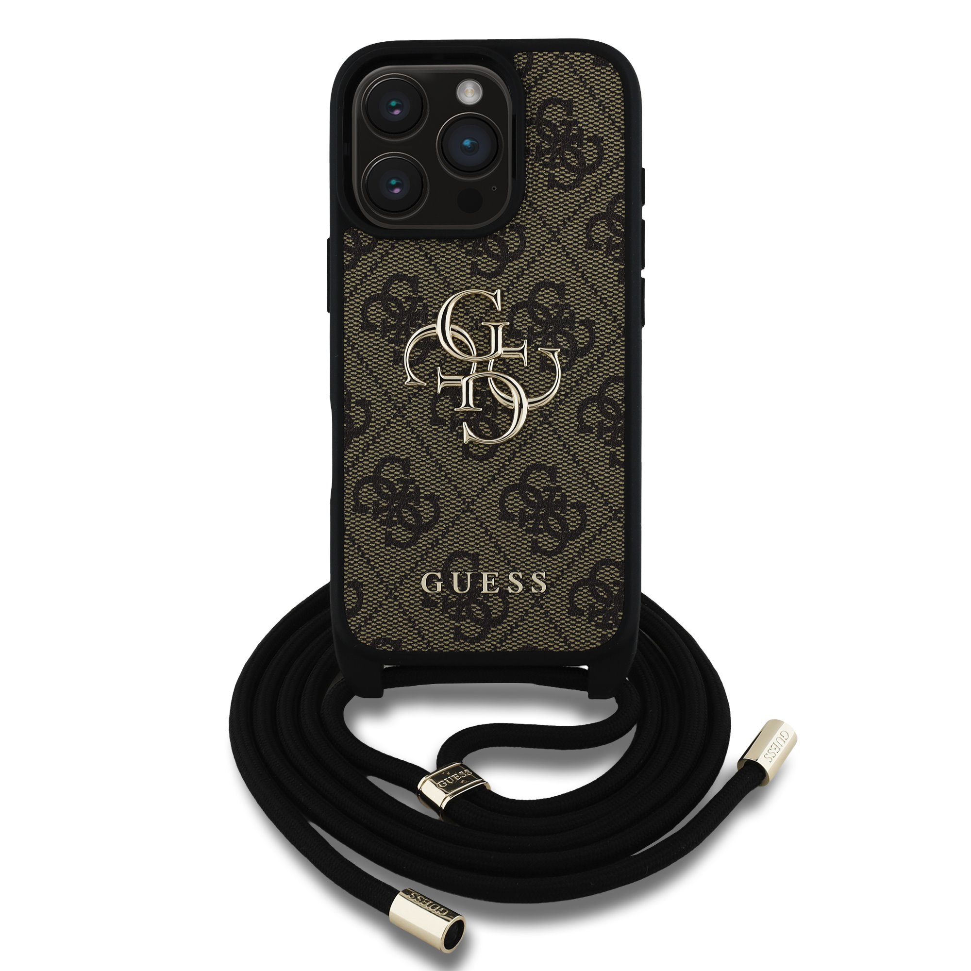 GUESS Калъф Apple iPhone 16 Pro Max, PU 4G Metal Logo + Crossbody Strap, кафяв - GUHCP16XP4GMGCRW